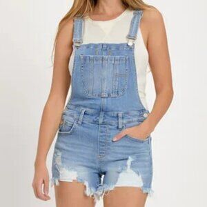 Risen Jeans Bree Distressed Denim Shortalls Overalls L